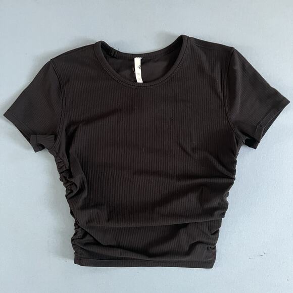 Lululemon All It Takes Ribbed Nulu Black Cropped Ruched T-Shirt - Picture 3 of 6